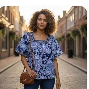 Farmers Market Women Blouse PS Blue Paisley Rayon Short Sleeve Square Neck